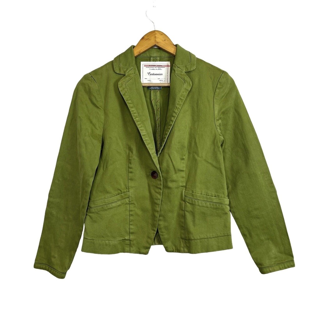 Anthropologie Cartonnier Green Cotton Kittery Single Button Blazer Jacket Size 2